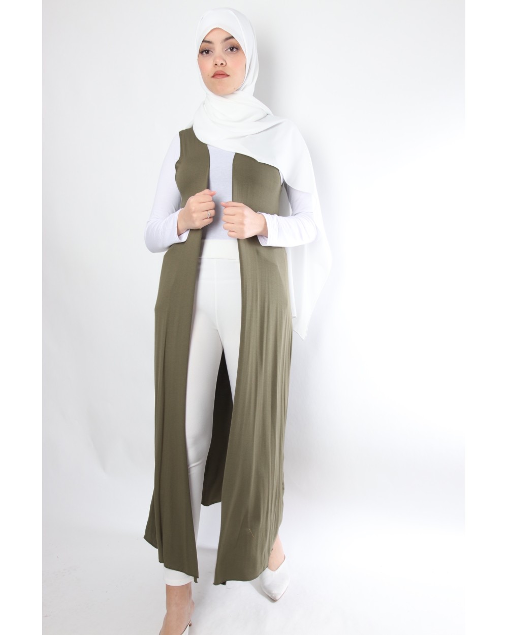 Long Sleeveless Cardigan Color Khaki Color Khaki