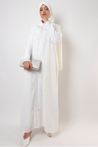 Abaya zip blanche strass