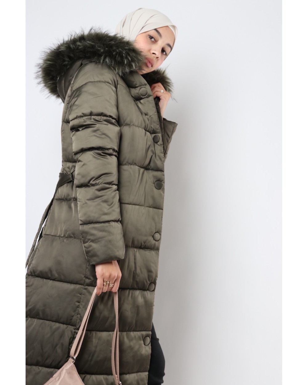 Long down jacket shop with fur hood