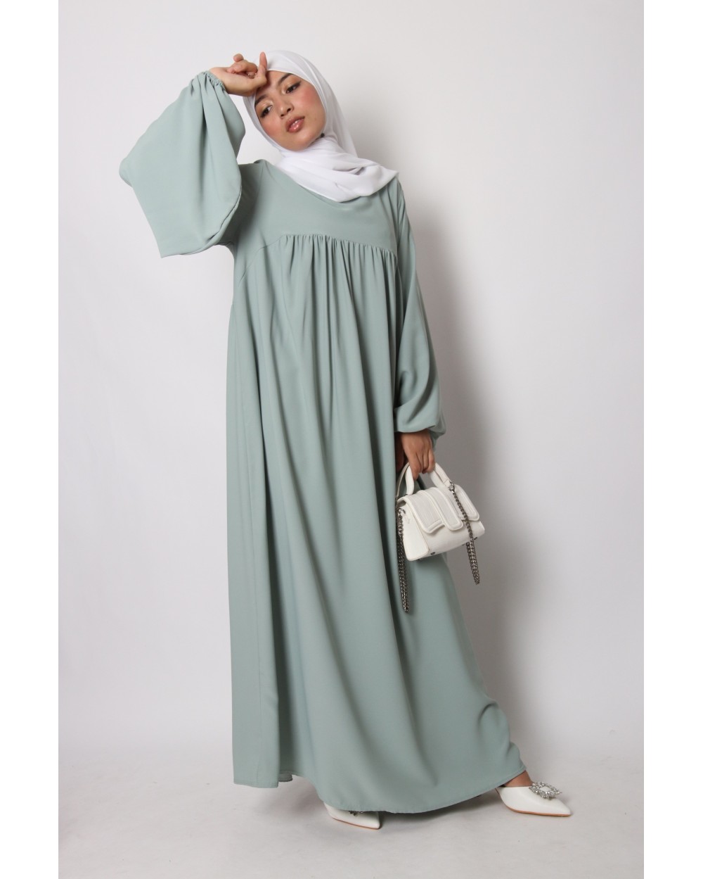 Abaya Assilla Puff Sleeves Size Xxl Xxxl Color Almond Green Size Xxl Xxxl Color Almond Green