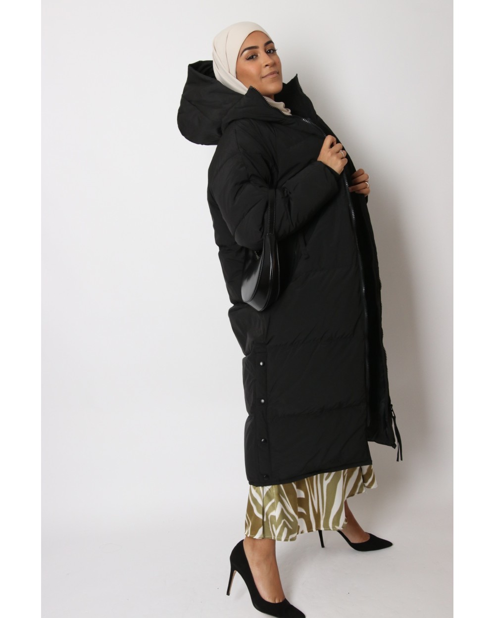 black puffer coat with hood long