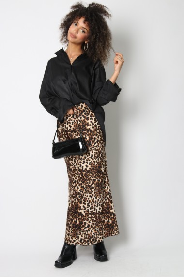 Long satin leopard skirt