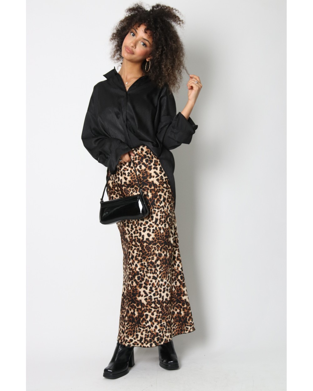 Long satin leopard skirt